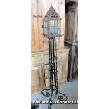 CIRCA 1900 HANDMADE COPPER LANTERN ON METALWORK STAND, ARTS AND CRAFTS DESIGN