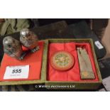 BOXED CHINESE WAXED SEAL AND A PAIR OF METAL OWL CONDIMENTS