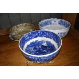 A WEDGWOOD BLUE AND WHITE PORCELAIN BOWL AND THREE OTHER PORCELAIN BOWLS (A/F)