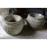 PAIR OF 20TH CENTURY COMPOSITION WEATHERED URNS, 360H