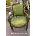 CIRCA 1820 LOUIS PHILIPPE SCROLL OVER ARM MAHOGANY DESK CHAIR IN OLD FABRIC