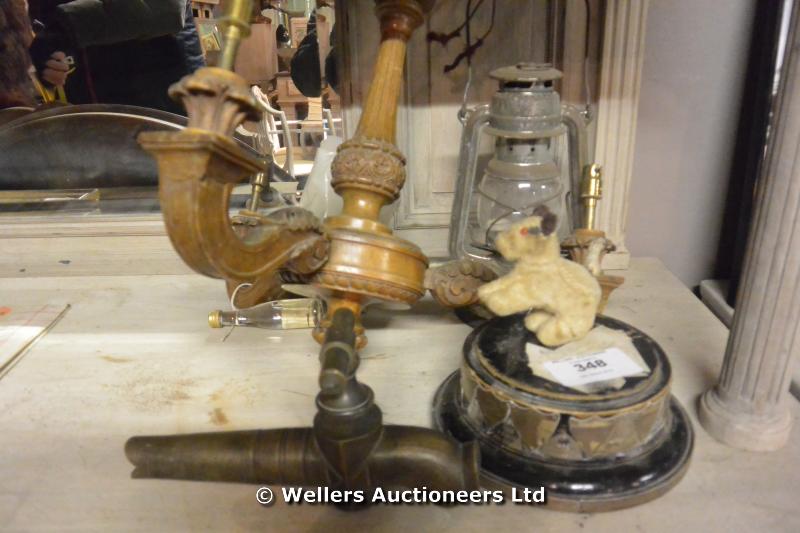 A COLLECTION OF VARIOUS COLLECTIBLES TO INCLUDE A WIND-UP DOG, A BRONZE TAP, A TRIFORM CHANDELIER