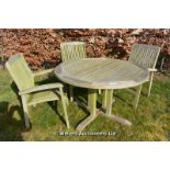 20TH CENTURY TEAK CIRCULAR GARDEN TABLE, 1200D AND THREE CHAIRS