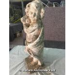 MARBLE DI LATTE WEATHERED STATUE OF A YOUNG BOY WITH FLOWER BASKET, 230 X 200 X 700