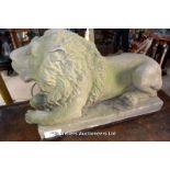 PAIR OF 20TH CENTURY COMPOSITION STONE LIONS ON PLINTHS, 540 X 260 X 440
