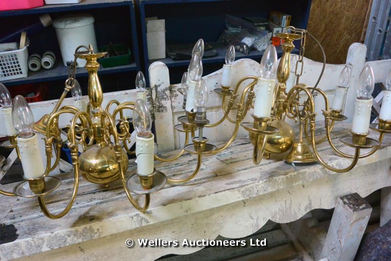 PAIR OF 8 BRANCH BRASS CHANDELIERS, BULBOUS SUPPORT AND SCROLL ARMS