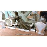 AN ART DECO MARBLE CLOCK AND GARNITURE WITH SPELTER STUDY OF A RECLINING LADY