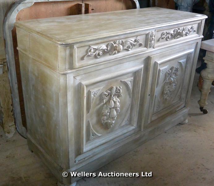 19TH CENTURY PAINTED FRENCH BUFFET WITH CARVED PANELS DEPICTING FRUIT, 1420 X 550 X 1000