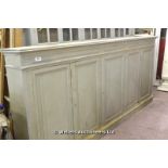 19TH CENTURY FIVE DOOR PANELLED HALL BOOKCASE IN ORIGINAL OLD GREY PAINT, 2930 X 280 X 1250