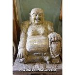 20TH CENTURY CARVED WOODEN STUDY OF A SMILING BUDDHA, 950 X 1000 X 1300