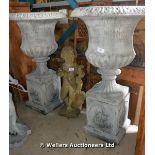 PAIR OF 20TH CENTURY VERY LARGE COMPOSITION CLASSICAL STYLE URNS ON PLINTHS, 700D X 1350H