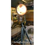 EARLY 20TH CENTURY EX-MILITARY TILLY LAMP ON STAND, NOW CONVERTED TO ELECTRICITY, IN GOOD WORKING
