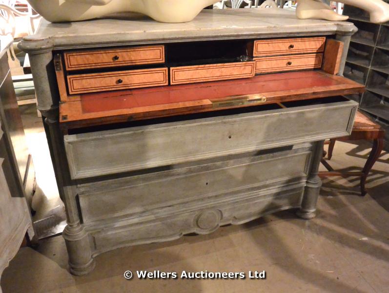 19TH CENTURY MARBLE TOP COMMODE (MARBLE REPAIRED), PAINTED BASE OF FOUR DRAWERS AND ONE