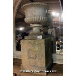 19TH CENTURY BUFFED TERRACOTTA CENTRE URN ON PEDESTAL, 970H