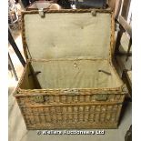 19TH CENTURY BRASS AND WOOD BOUND PICNIC BASKET, APPROX 950