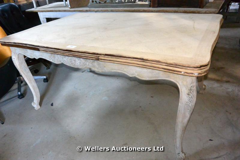 LOUIS XV STYLE EXTENDING DINING TABLE, PAINTED BASE AND STRIPPED OAK TOP, 1600 X 1150 X 760