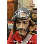 A VINTAGE FLYING/MOTORCYCLE CAP IN LEATHER LINED WITH LAMBS WOOL WITH ASSOCIATED GOGGLES