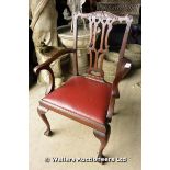 LATE 19TH CENTURY CHIPPENDALE STYLE ARMCHAIR ON CABRIOLE LEGS AND CLAW AND BALL FEET WITH