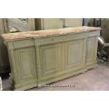 19TH CENTURY LOUIS XVI STYLE PAINTED BUFFET WITH ORIGINAL PREPARED MARBLE TOP, FOUR DRAWERS OVER