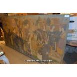 20TH CENTURY HANDPAINTED PANEL DEPICTING MEDIEVAL MARKET SCENE FORMALLY FROM A FRENCH BISTRO IN