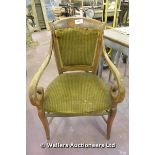 19TH CENTURY FRENCH FRUITWOOD SCROLLED ARM OPEN CHAIR FOR RE-UPHOLSTERY