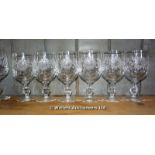 SIX CUT GLASS FLORAL DECORATED WINE GLASSES