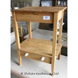 A TWO TIER PINE SIDE TABLE WITH DRAWER TO BASE, 530 X 390 X 740