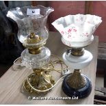 TWO BRASS AND GLASS OIL LAMPS BOTH WITH ELECTRIC FITTINGS