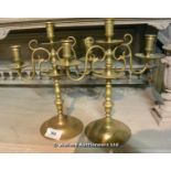 PAIR OF BRASS TWIN BRANCH CANDLESTICKS, 430H