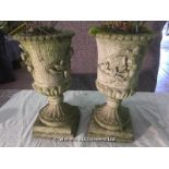 PAIR OF COMPOSITION STONE URNS, 215 X 215 X 480