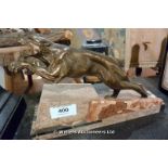 AN ART DECO MARBLE BASED SPELTER PANTHER, 380 LONG (A/F)