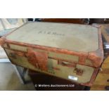 CIRCA 1900 TRAVELLING TRUNK GREEN CANVAS AND LEATHER BOUND WITH THE NAME 'B.A.R. HART'