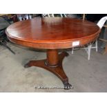 19TH CENTURY MAHOGANY TILT TOP TABLE ON TRIFORM BASE WITH CARVED LION PAW FEET, 1200D