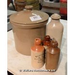 FIVE VARIOUS STONEWARE ITEMS TO INCLUDE A BREAD BIN AND A HOT WATER BOTTLE