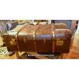 CIRCA 1900 STEAMER TRUNK OF FINE QUALITY, CANVAS, WOOD AND METAL BOUND, TRAVELLING LABELS AND