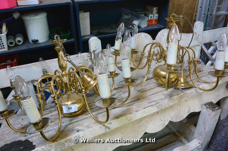 PAIR OF 8 BRANCH BRASS CHANDELIERS, BULBOUS SUPPORT AND SCROLL ARMS