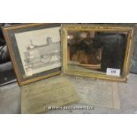 TWO OLD 19TH CENTURY INDENTURES, A VINTAGE MIRROR AND AN ENGRAVING DEPICTING A STEAM ENGINE