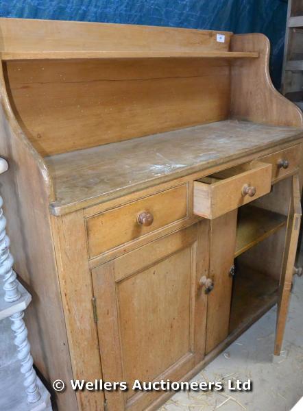 19TH CENTURY ENGLISH PINE SERVER THREE DRAWERS OVER TWO DOORS AND RAISED BACK, 1350 X 480 X 1350