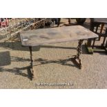 EARLY 20TH CENTURY CAST IRON GARDEN TABLE WITH WOODEN TOP, 1220 X 620 X 720