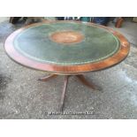 CIRCULAR PEDESTAL TABLE WITH INLAID LEATHER TOP AND BRASS EDGE, 1240 X 650