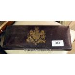 A VICTORIAN PRESENTATION BOX WITH GILDED COAT OF ARMS TO FRONT