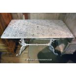 20TH CENTURY VICTORIAN DESIGN CAST, PIERCED AND WHITE PAINTED GARDEN TABLE, 1150 X 580 X 720