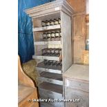 A WINE RACK MADE FROM 19TH CENTURY ELEMENTS WITH SLIDING COMPARTMENTS IN GREY PAINT, 600 X 520 X