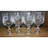 SIX CUT GLASS FLORAL DECORATED WINE GLASSES