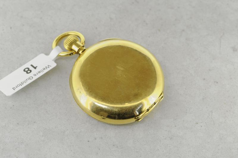 18ct yellow gold Omega pocket watch, white round dial with Arabic numerals, inside of case - Image 3 of 5