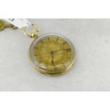 18ct yellow gold pocket watch, round gilt dial with Roman numerals, central floral detail, outside