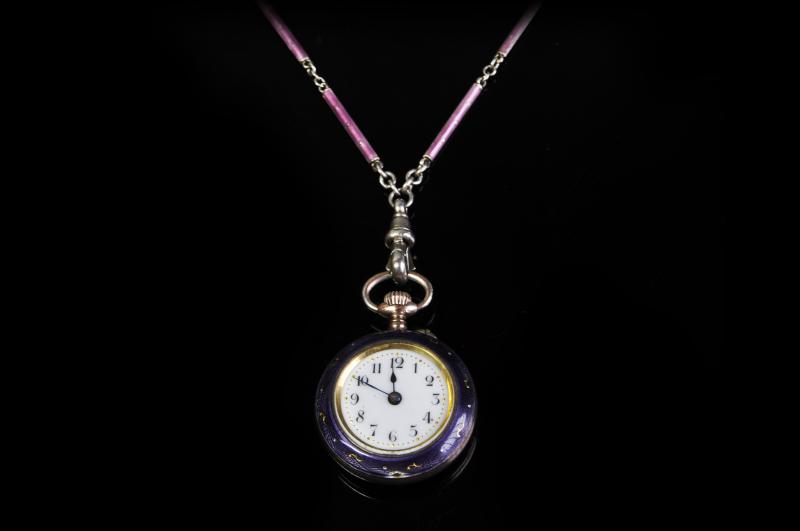 Enamel and silver pocket watch and chain, purple guilloche enamel pocket watch case with yellow