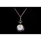 Enamel and silver pocket watch and chain, purple guilloche enamel pocket watch case with yellow