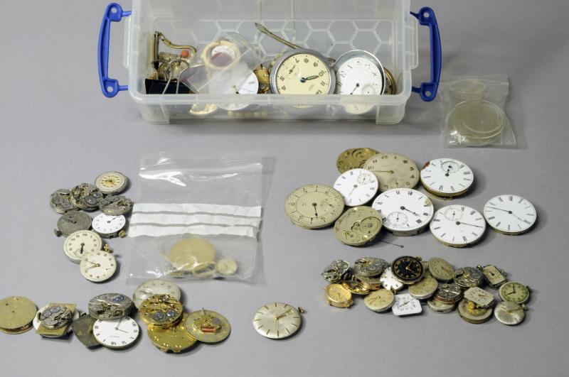 Large selection of watch and pocket watch movements, dials and glasses, spares and repairs, a/f