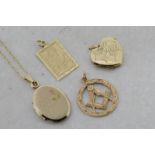 Selection of four pendants including a 9ct yellow gold heart shaped locket, engraved with a rose,